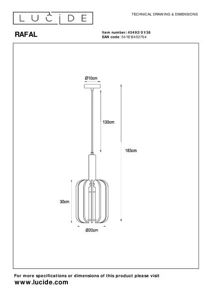 Lucide RAFAL - Hanglamp - Ø 20 cm - 1xE27 - Grijs - technisch